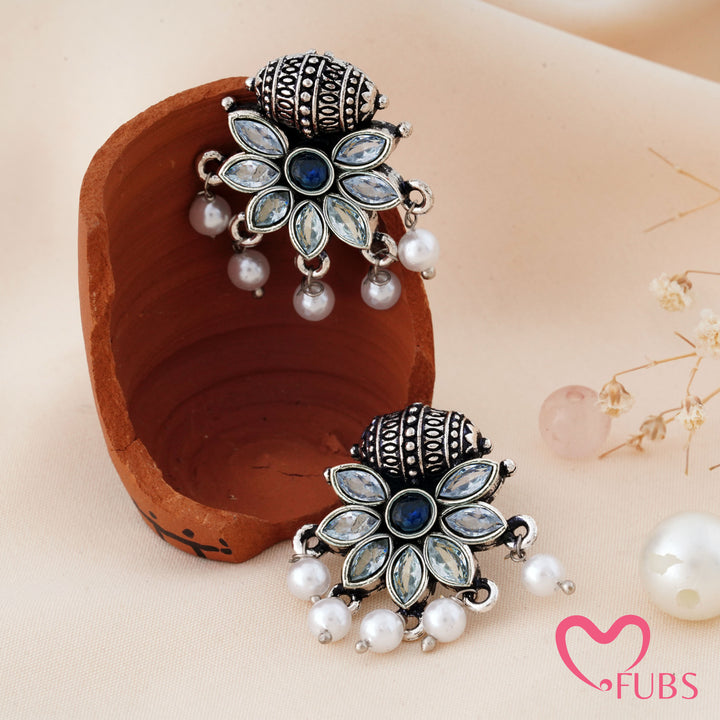 Flower Stud Earrings with a Carved Bead Top