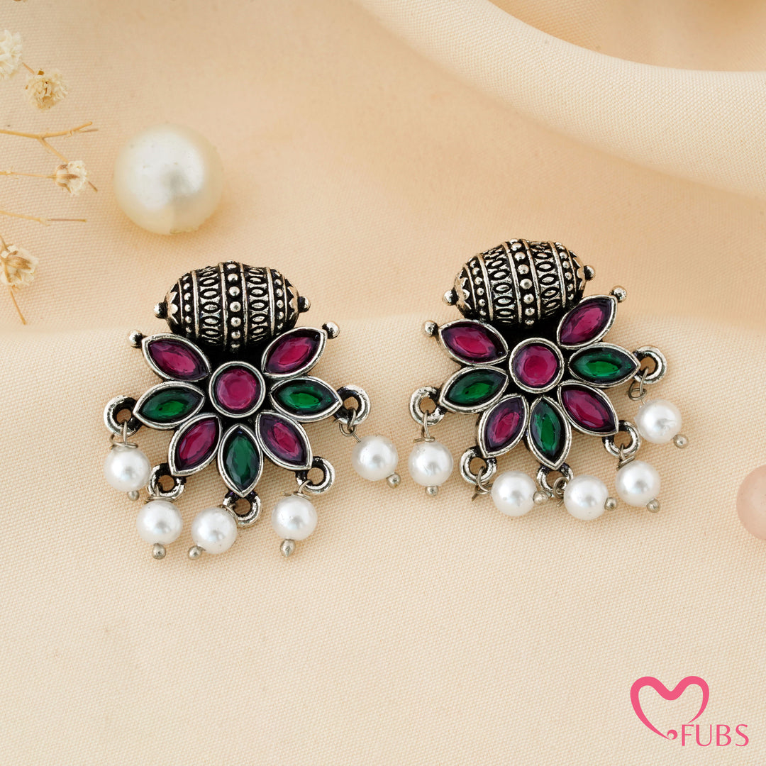 Flower Stud Earrings with a Carved Bead Top