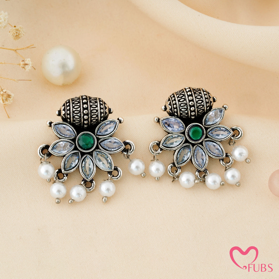 Flower Stud Earrings with a Carved Bead Top