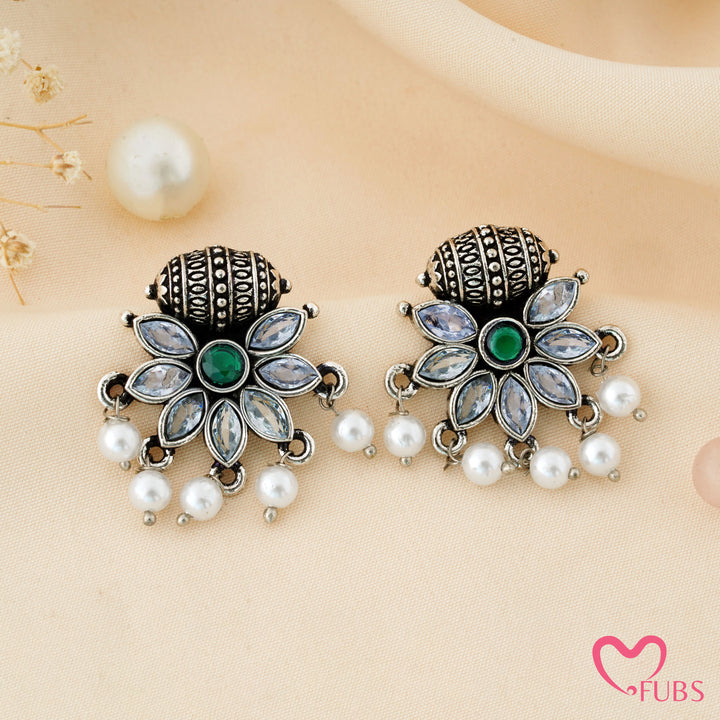 Flower Stud Earrings with a Carved Bead Top