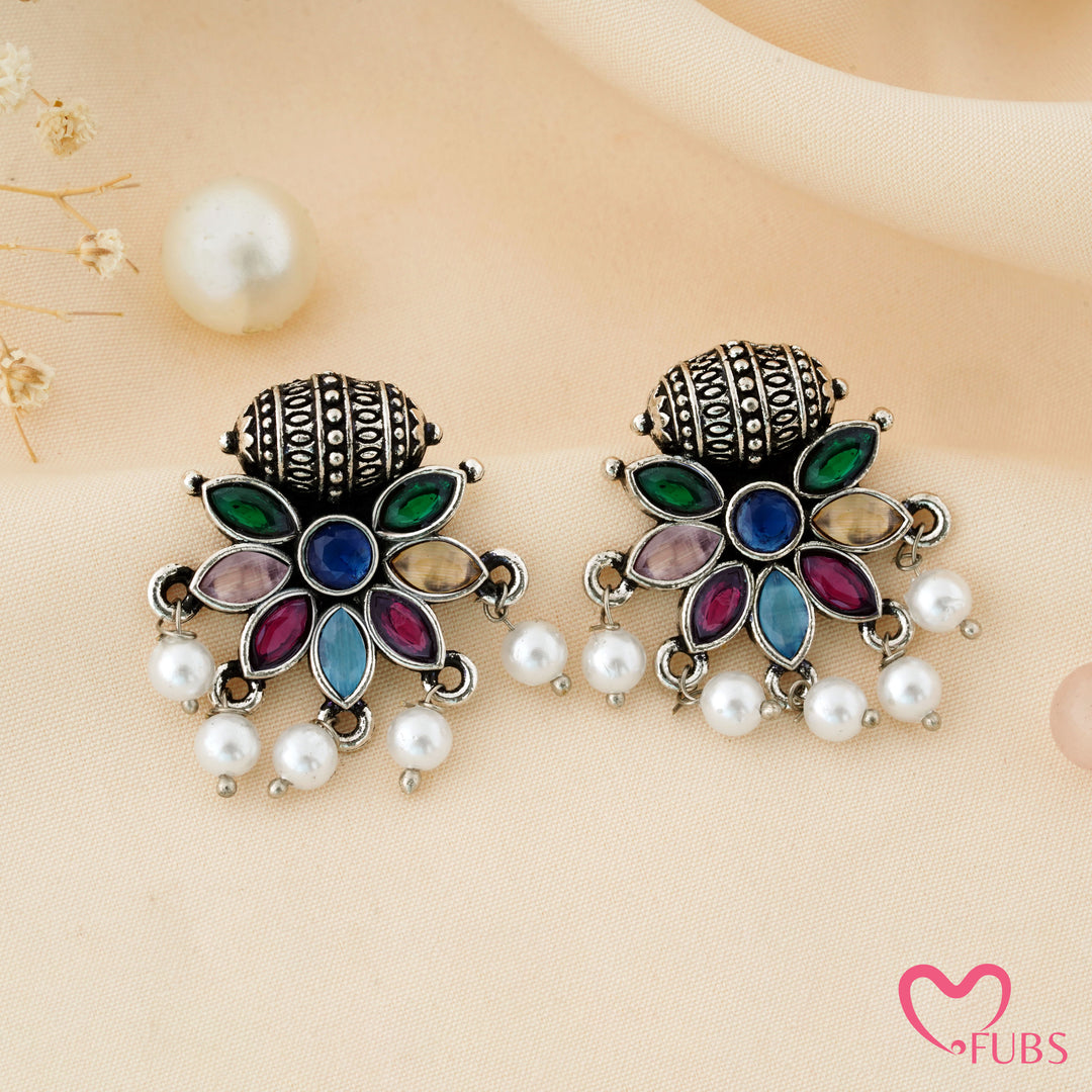 Flower Stud Earrings with a Carved Bead Top