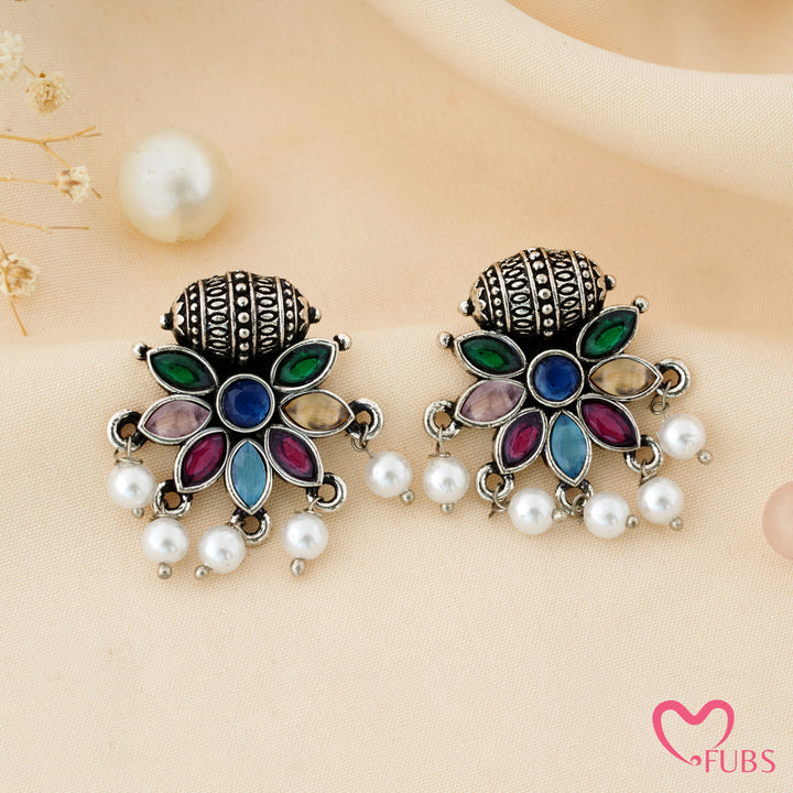 Flower Stud Earrings with a Carved Bead Top