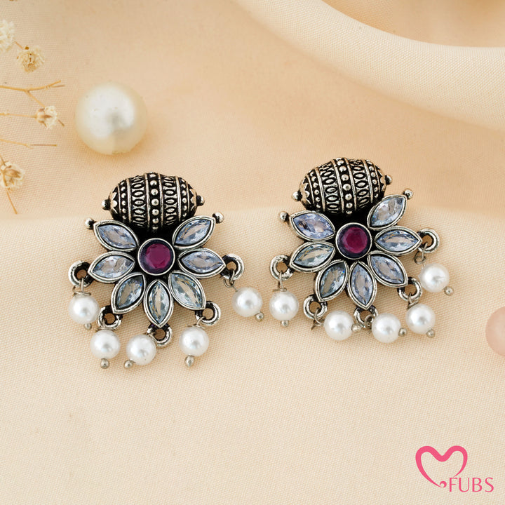 Flower Stud Earrings with a Carved Bead Top