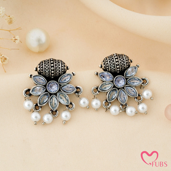 Flower Stud Earrings with a Carved Bead Top
