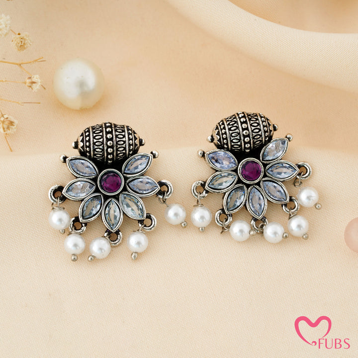 Flower Stud Earrings with a Carved Bead Top