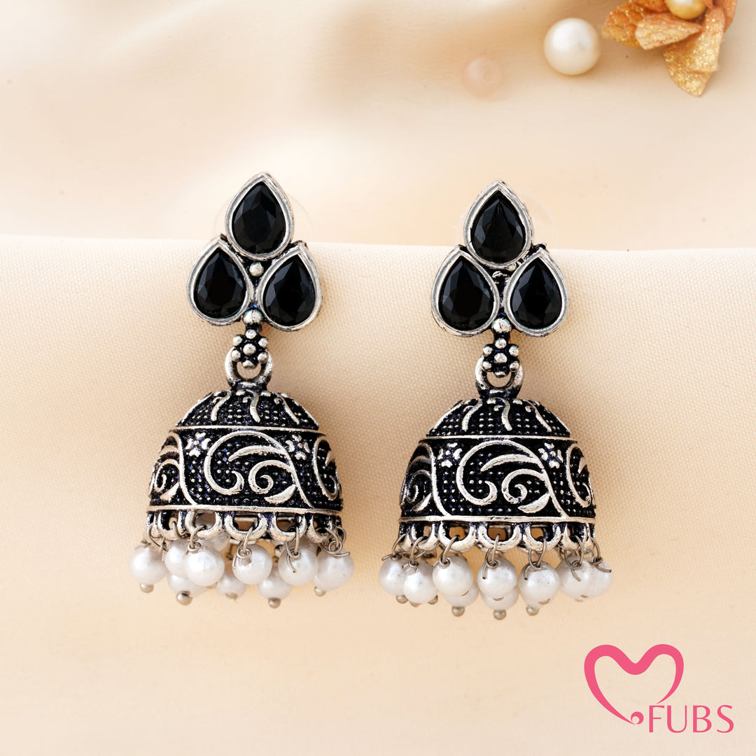 Trefoil Jhumka Earrings with a Vine Carved Dome