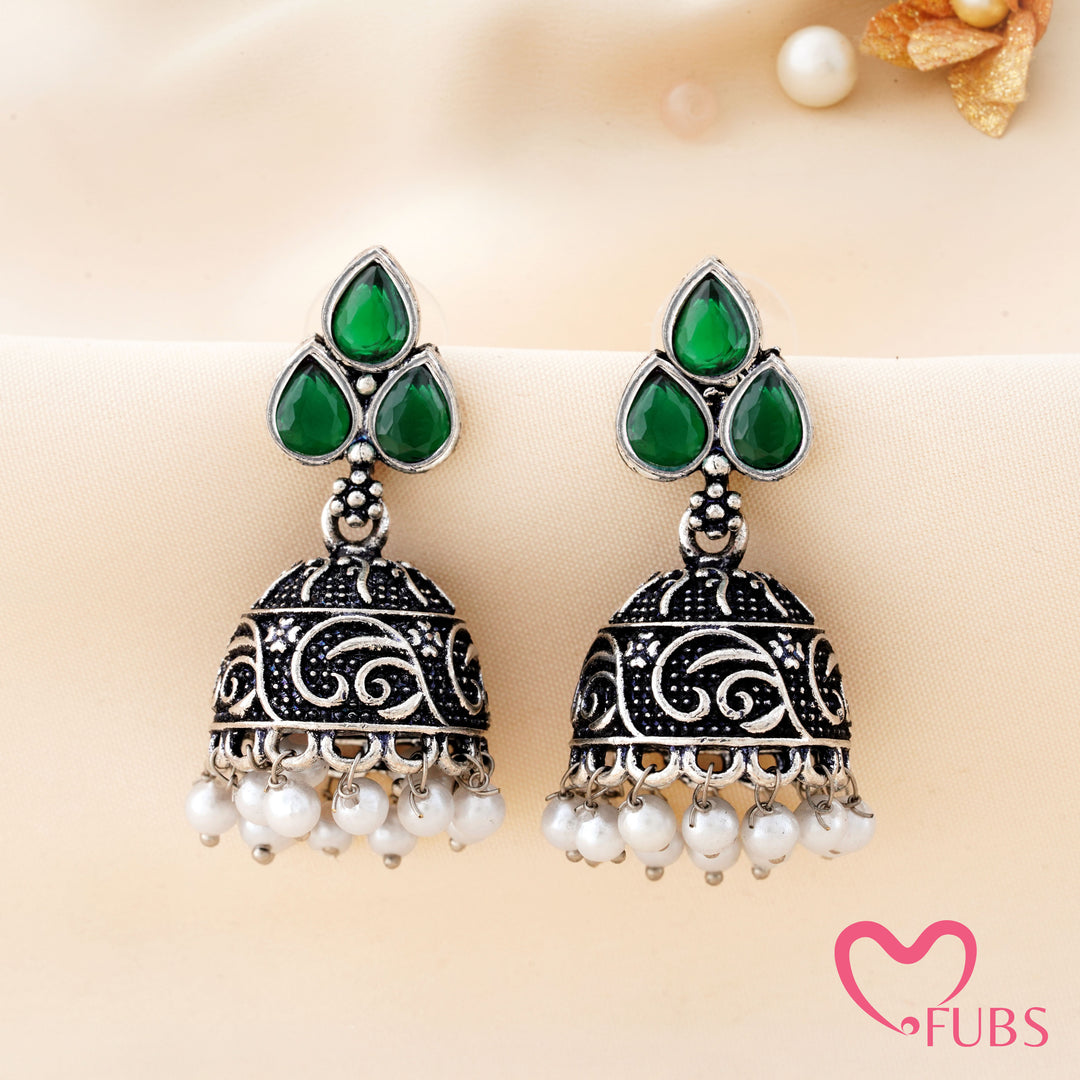 Trefoil Jhumka Earrings with a Vine Carved Dome