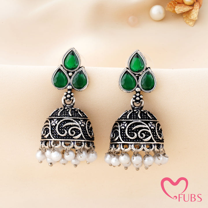 Trefoil Jhumka Earrings with a Vine Carved Dome