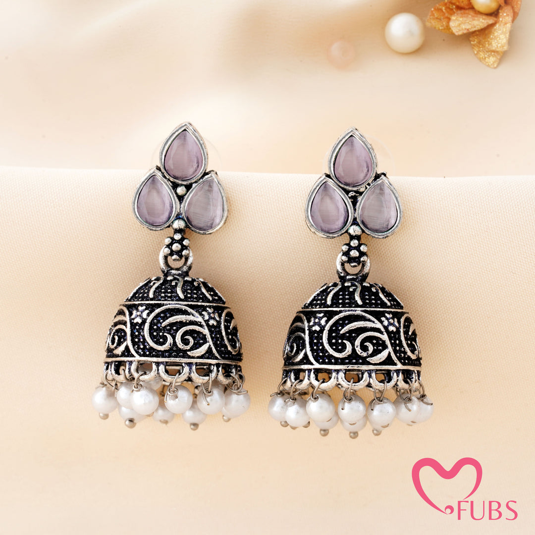 Trefoil Jhumka Earrings with a Vine Carved Dome