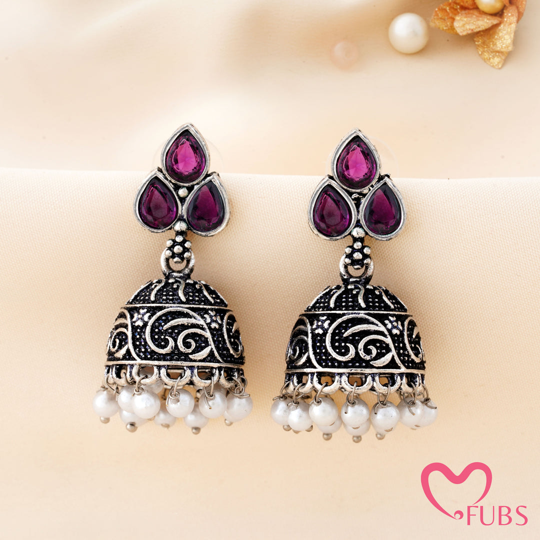 Trefoil Jhumka Earrings with a Vine Carved Dome