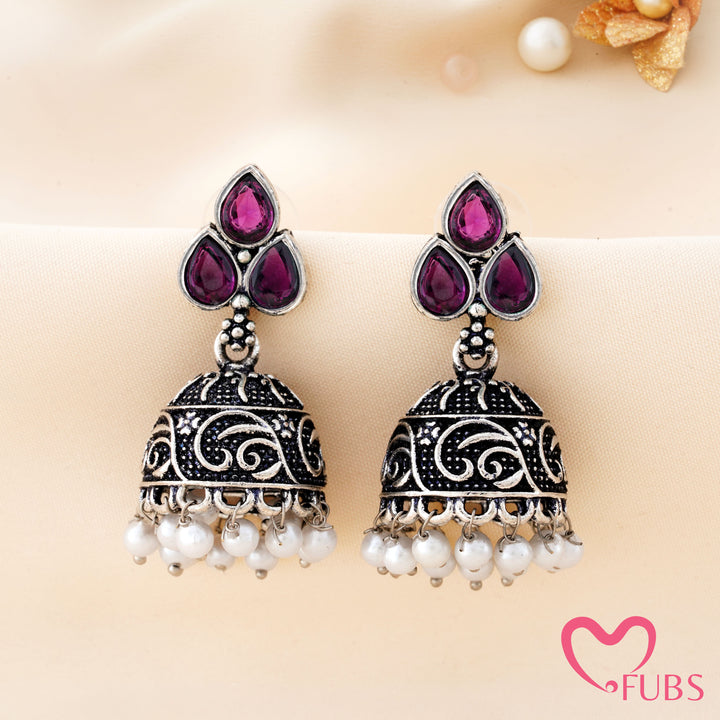 Trefoil Jhumka Earrings with a Vine Carved Dome