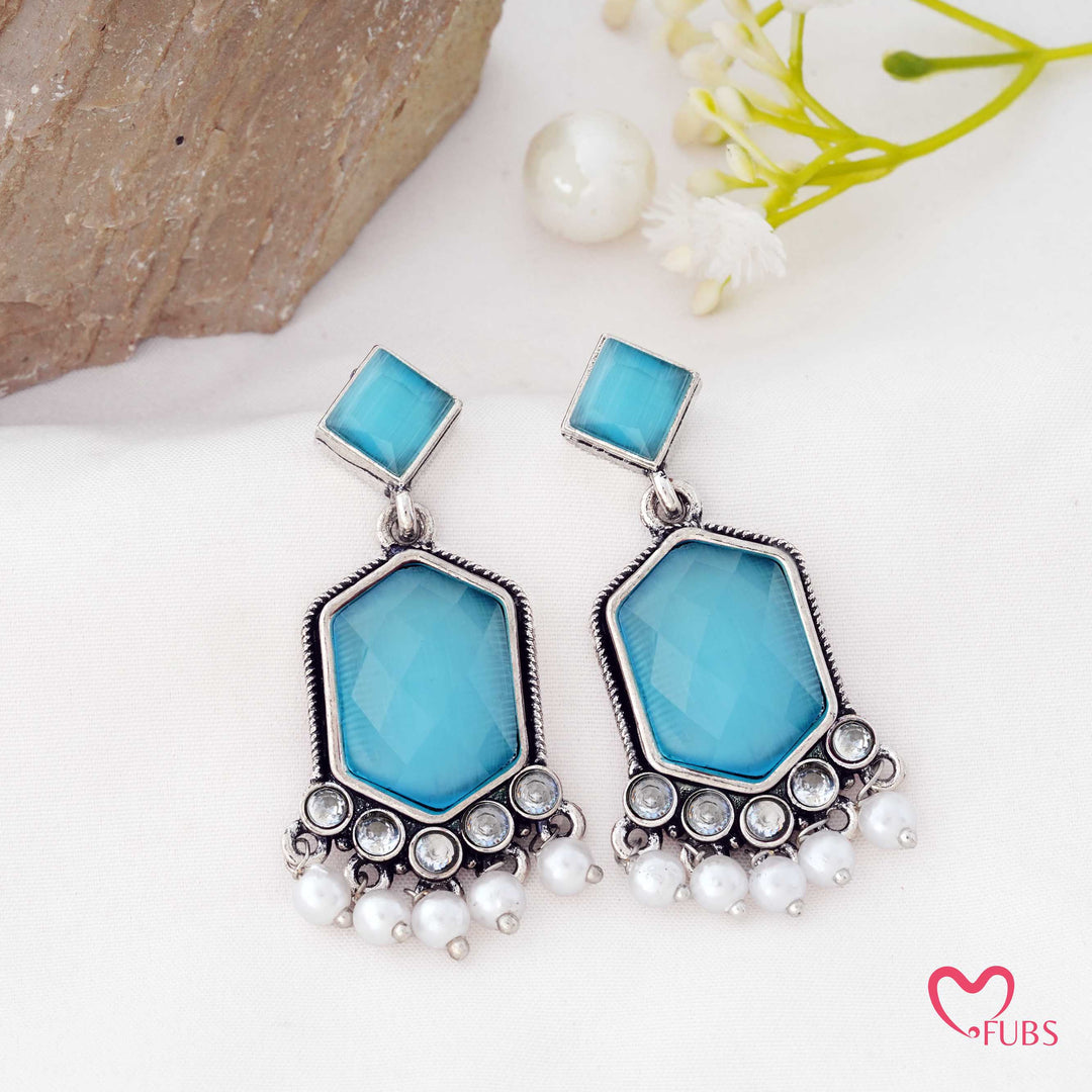 Hexagon Drop Earrings with a Pearl Trail