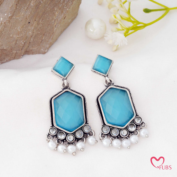 Hexagon Drop Earrings with a Pearl Trail