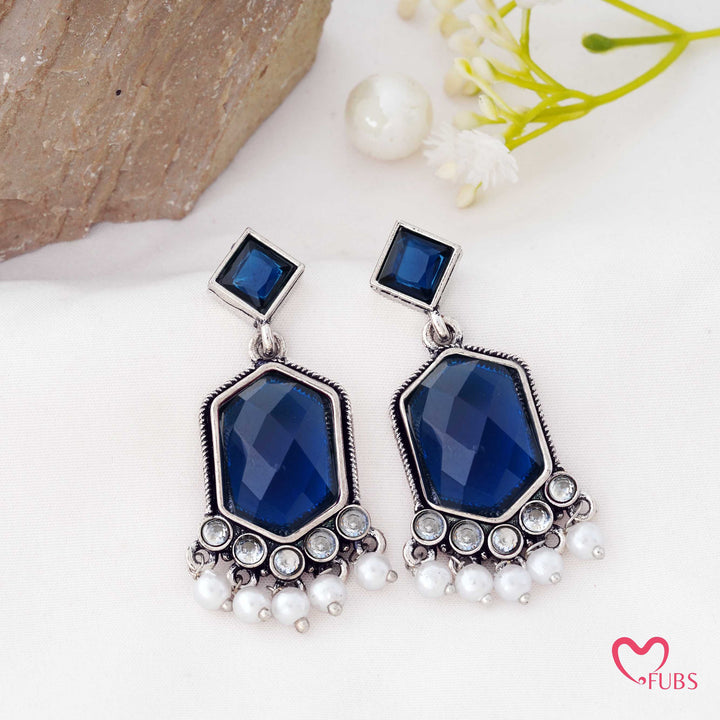 Hexagon Drop Earrings with a Pearl Trail