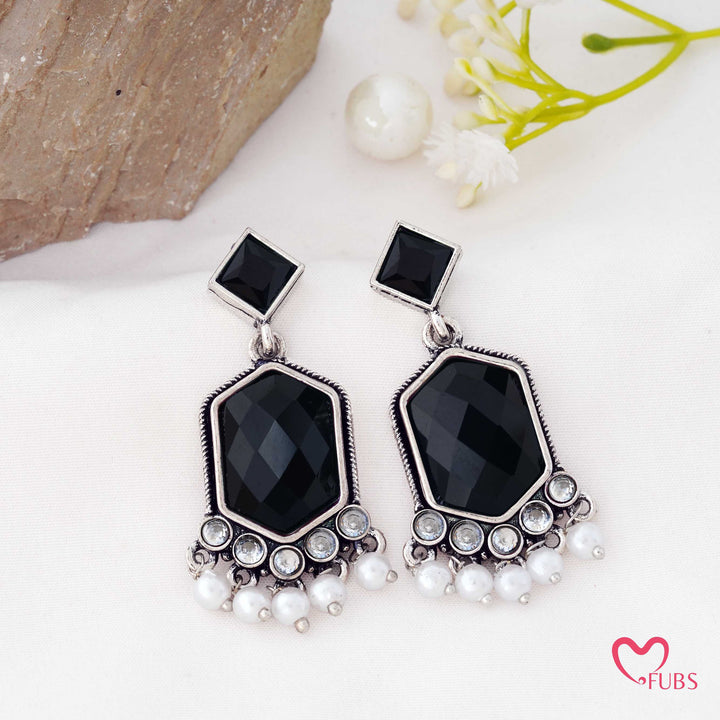 Hexagon Drop Earrings with a Pearl Trail