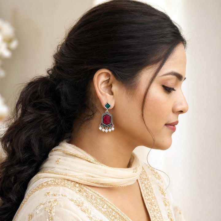 Hexagon Drop Earrings with a Pearl Trail
