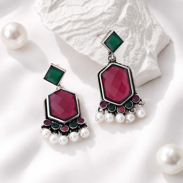 Hexagon Drop Earrings with a Pearl Trail