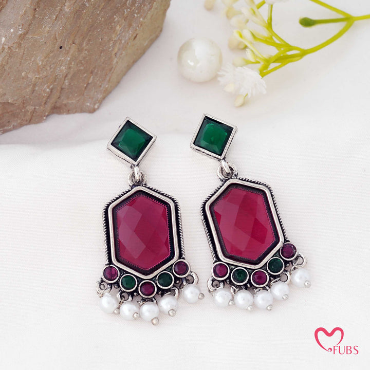 Hexagon Drop Earrings with a Pearl Trail