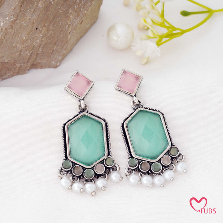 Hexagon Drop Earrings with a Pearl Trail