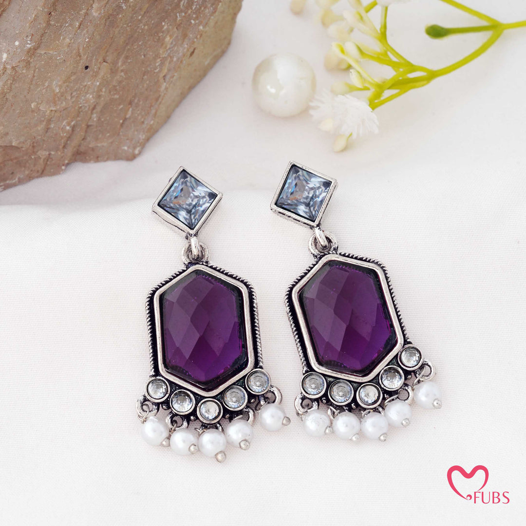Hexagon Drop Earrings with a Pearl Trail