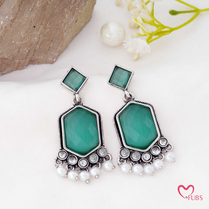 Hexagon Drop Earrings with a Pearl Trail