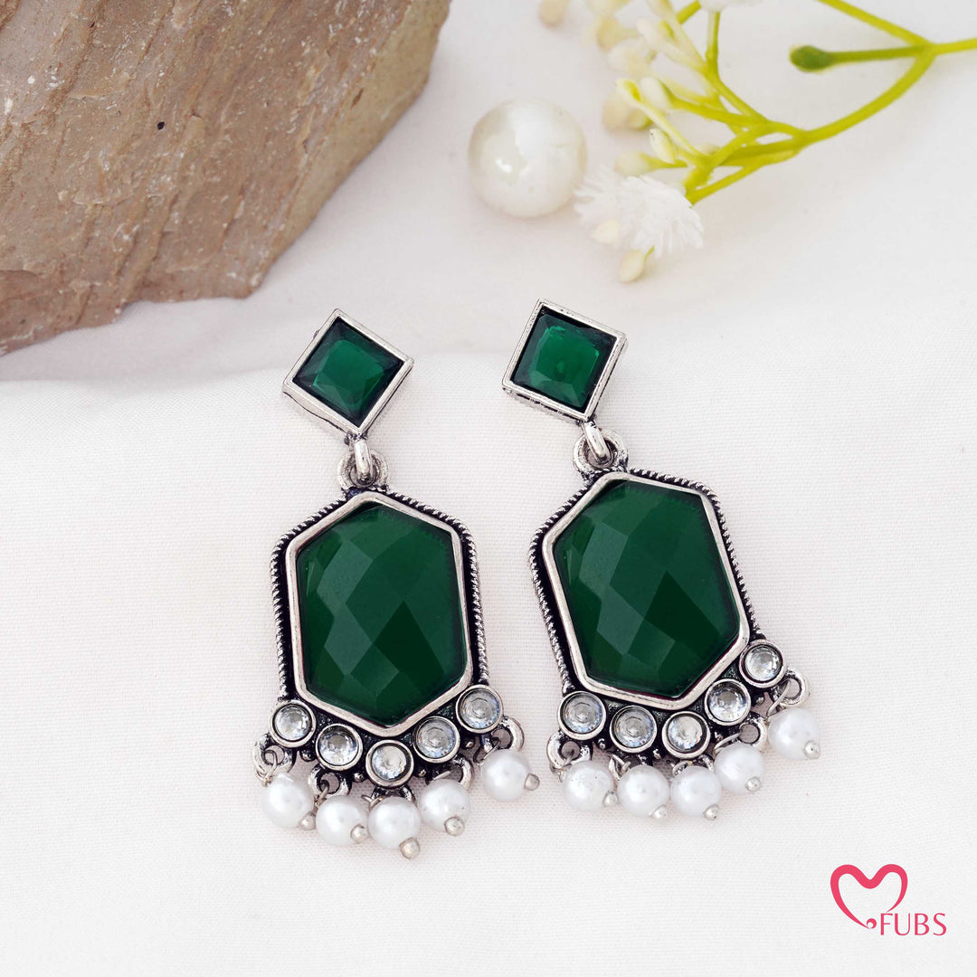 Hexagon Drop Earrings with a Pearl Trail