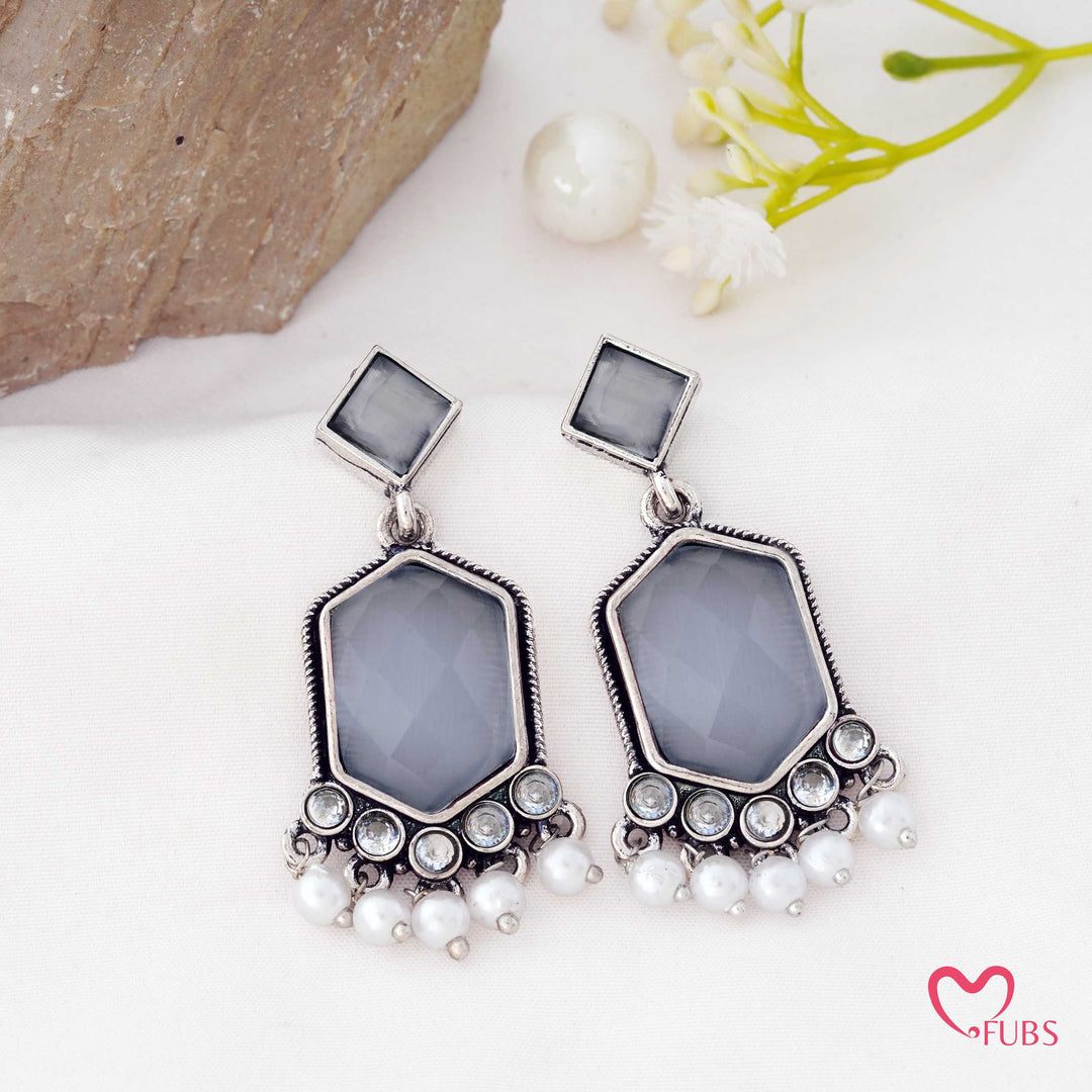 Hexagon Drop Earrings with a Pearl Trail