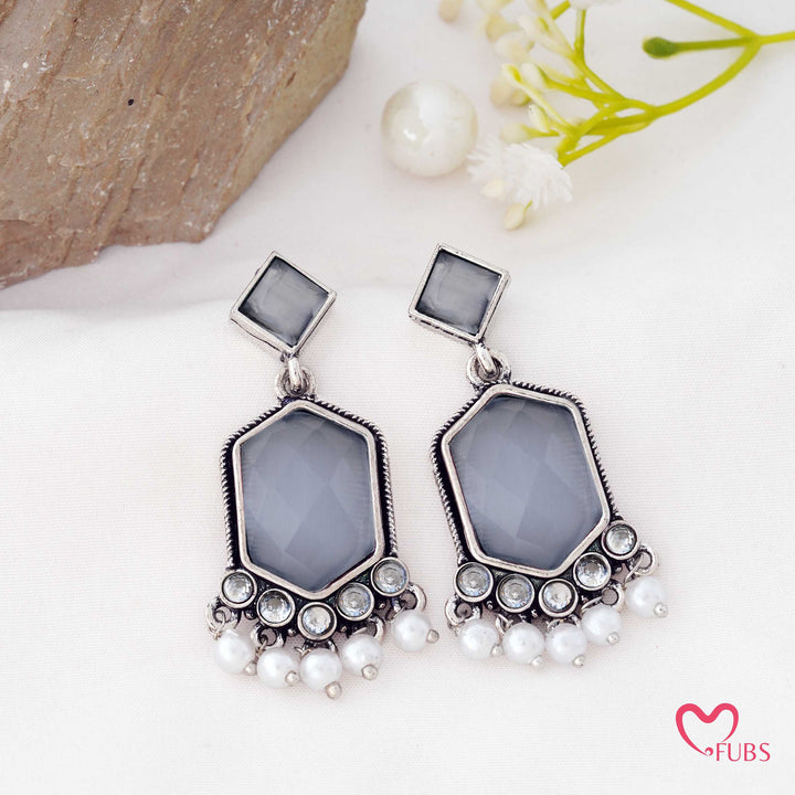 Hexagon Drop Earrings with a Pearl Trail