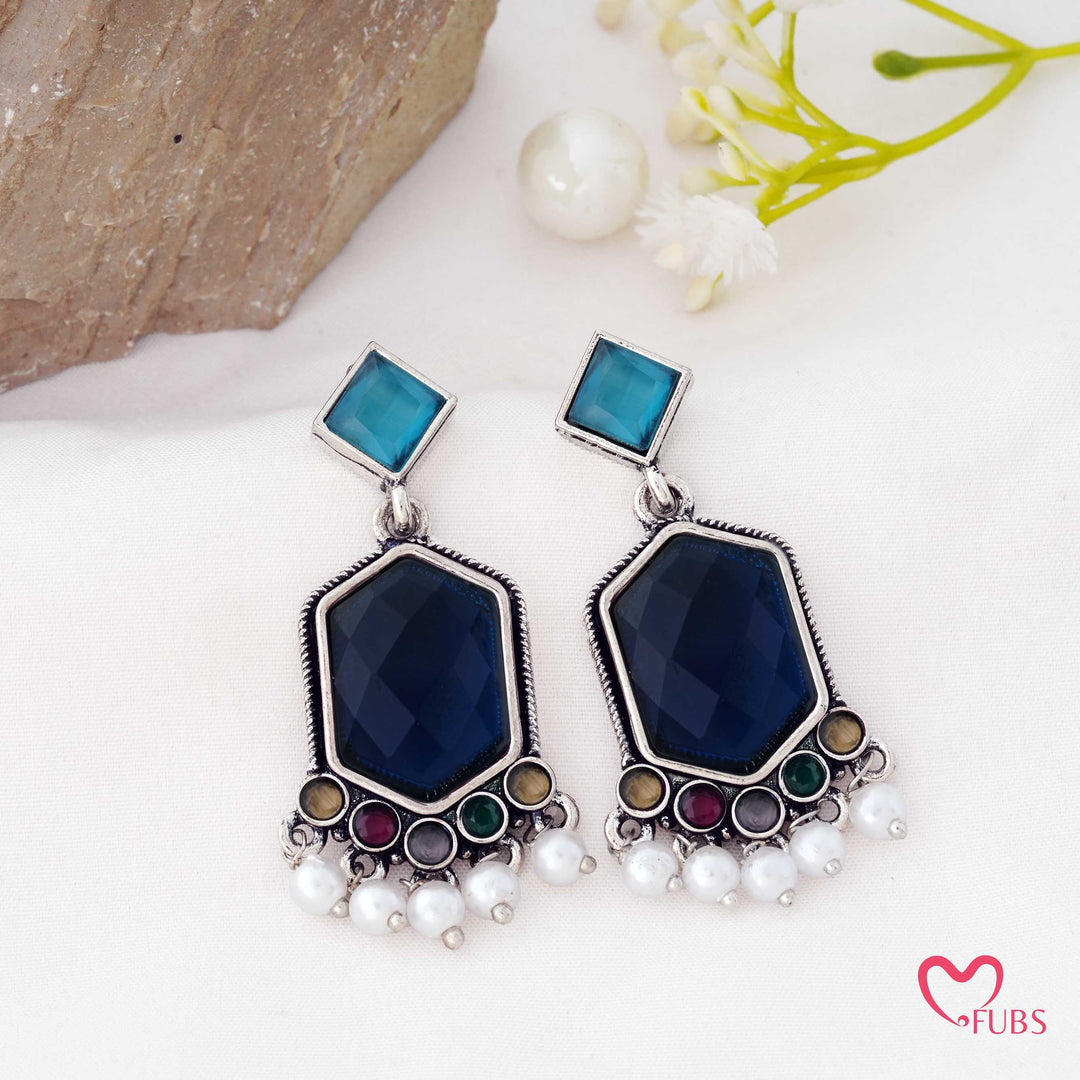 Hexagon Drop Earrings with a Pearl Trail