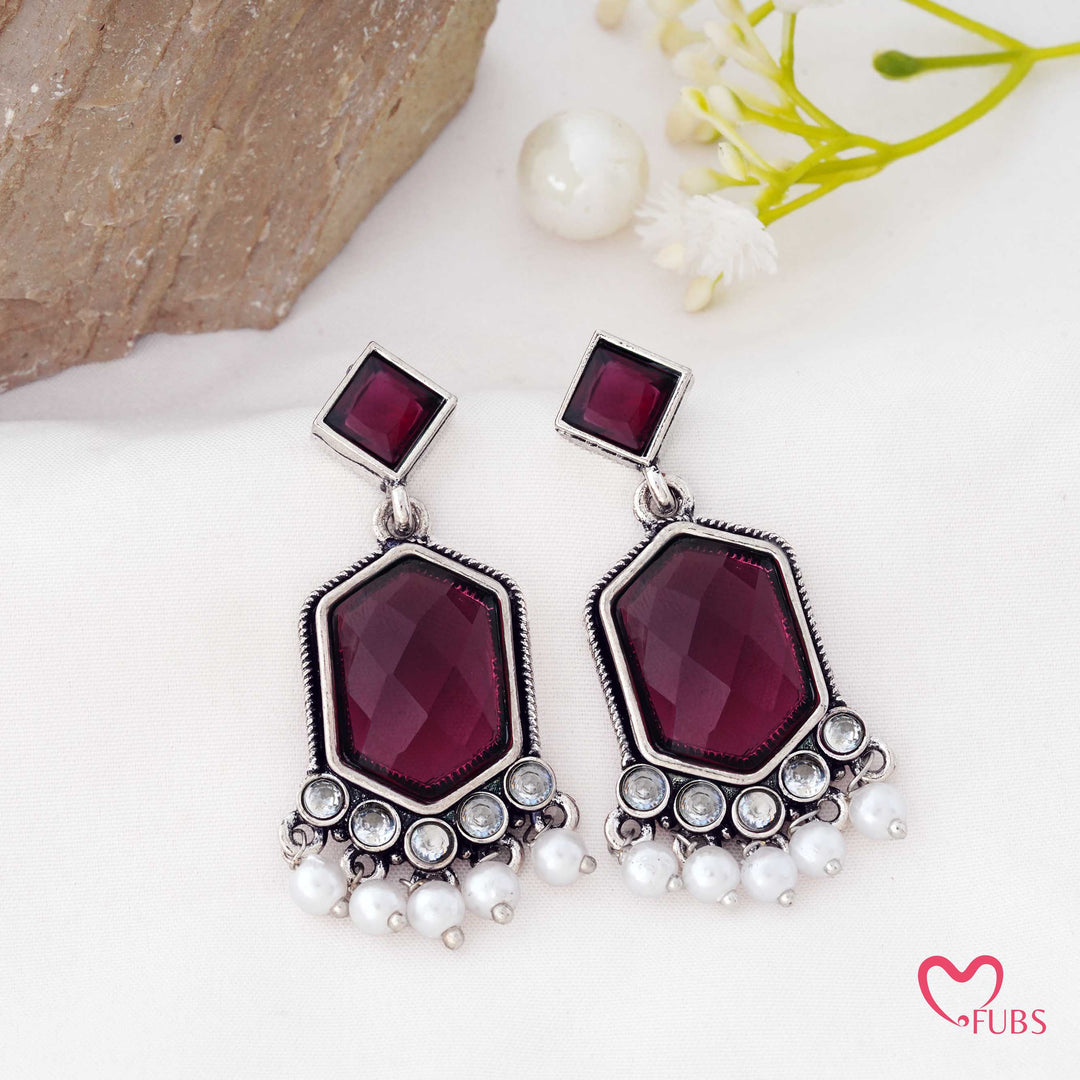 Hexagon Drop Earrings with a Pearl Trail