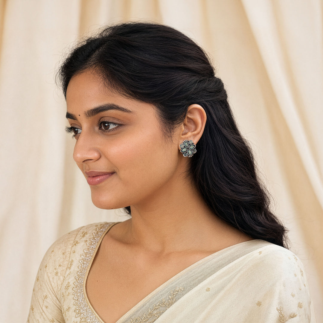 Cluster Bloom Stud Earrings with Pear Cabochon Insets