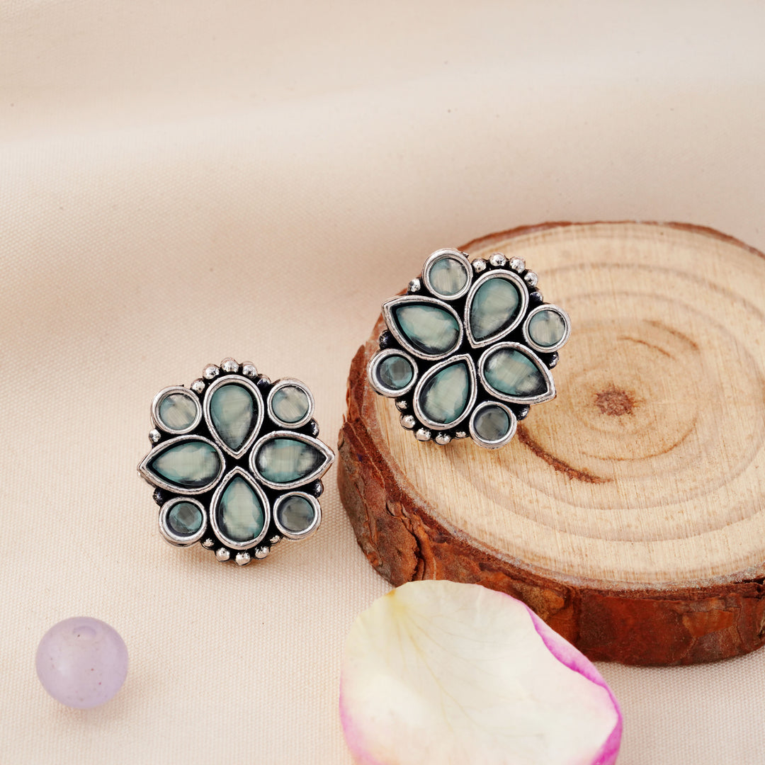 Cluster Bloom Stud Earrings with Pear Cabochon Insets