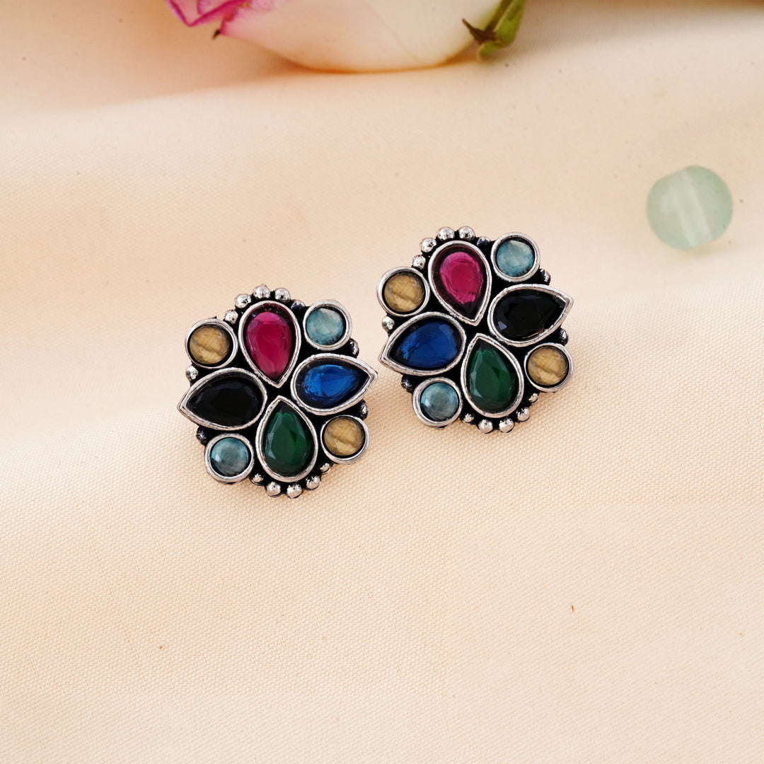 Cluster Bloom Stud Earrings with Pear Cabochon Insets