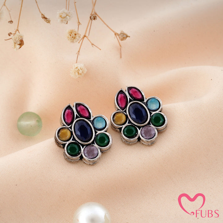 Floral Stud Earrings with Faceted Stones