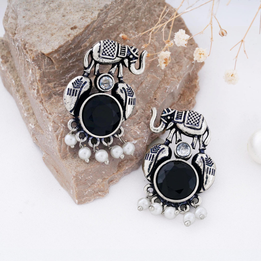 Elephant Charm Earrings with a Pearl Fringe