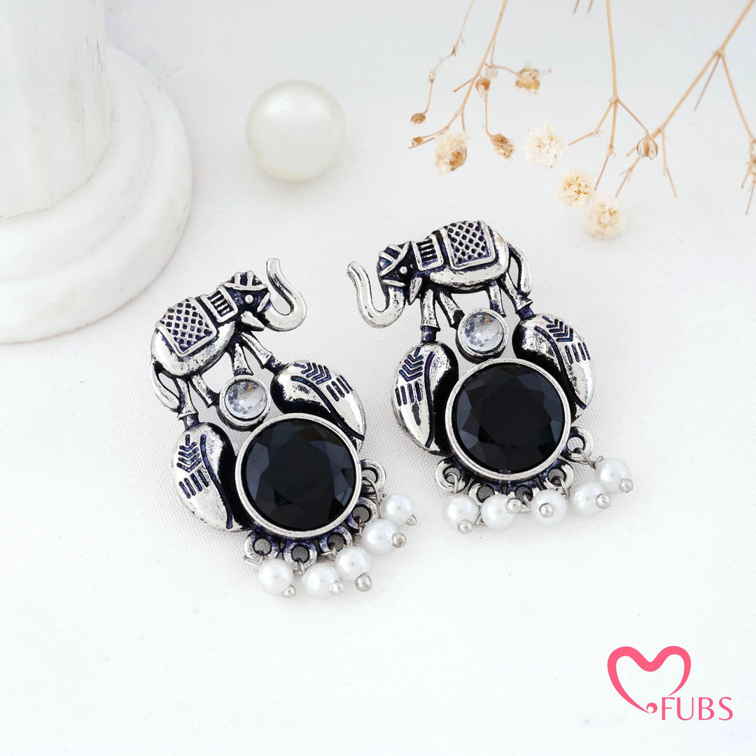 Elephant Charm Earrings with a Pearl Fringe