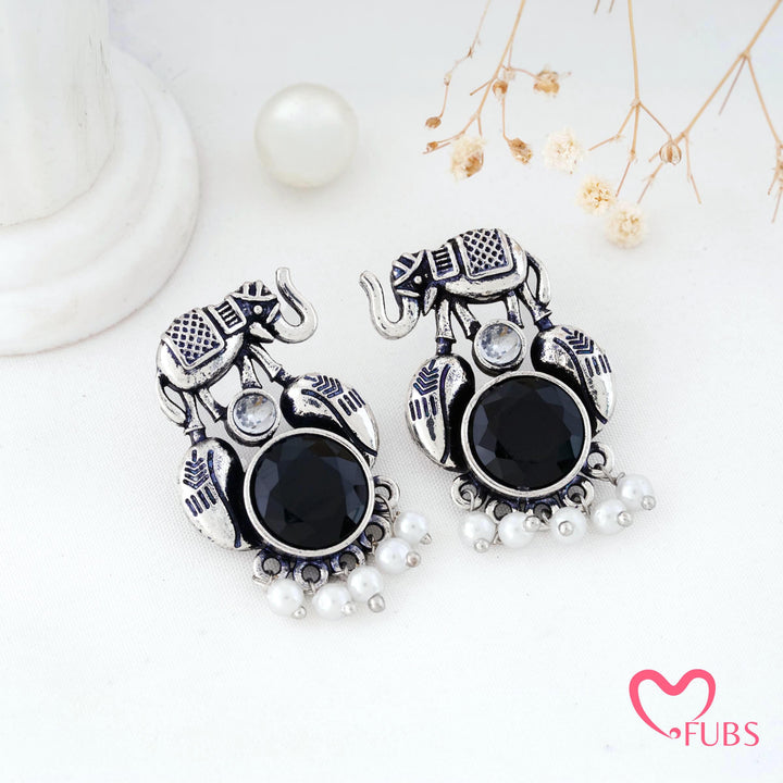 Elephant Charm Earrings with a Pearl Fringe