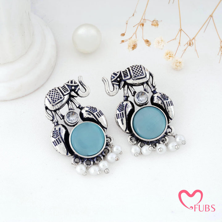 Elephant Charm Earrings with a Pearl Fringe