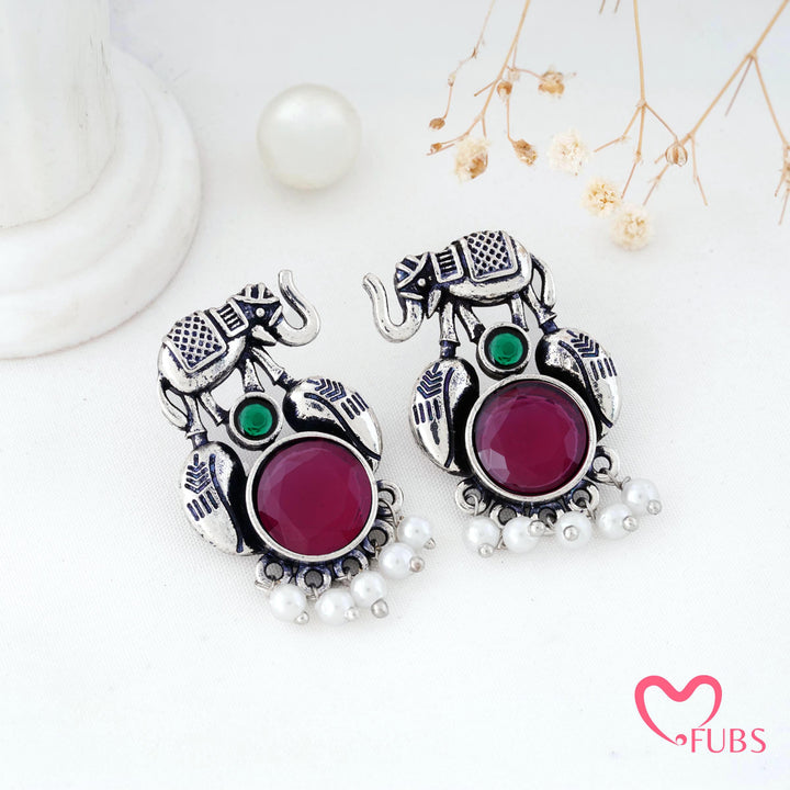 Elephant Charm Earrings with a Pearl Fringe