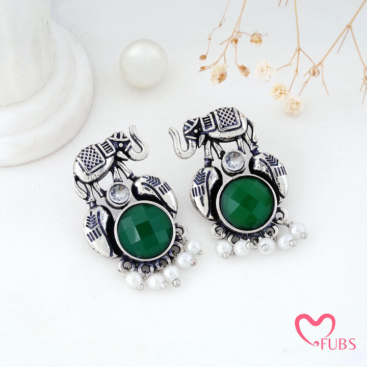 Elephant Charm Earrings with a Pearl Fringe