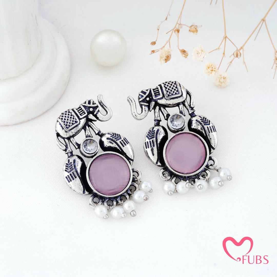 Elephant Charm Earrings with a Pearl Fringe