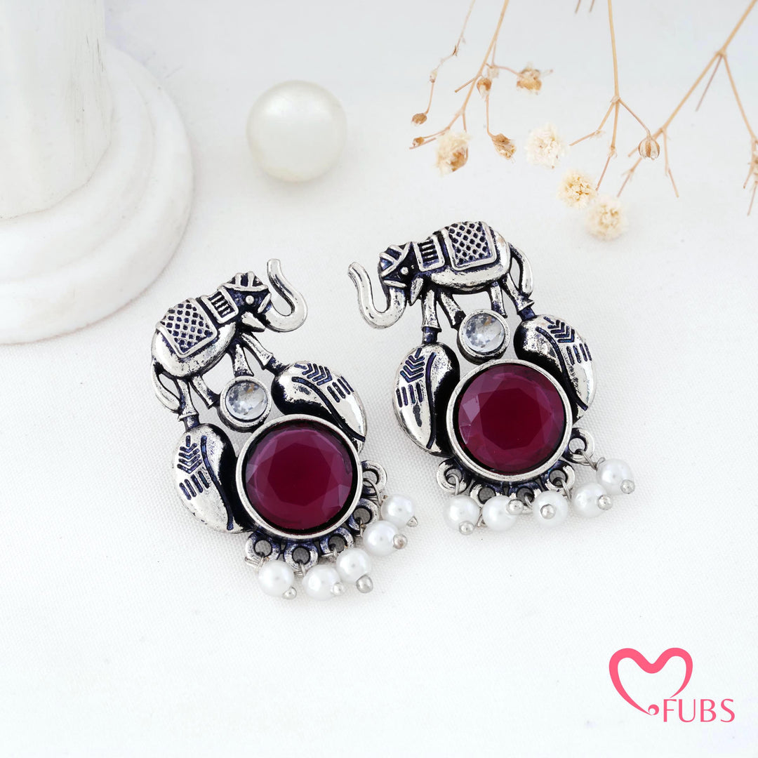 Elephant Charm Earrings with a Pearl Fringe