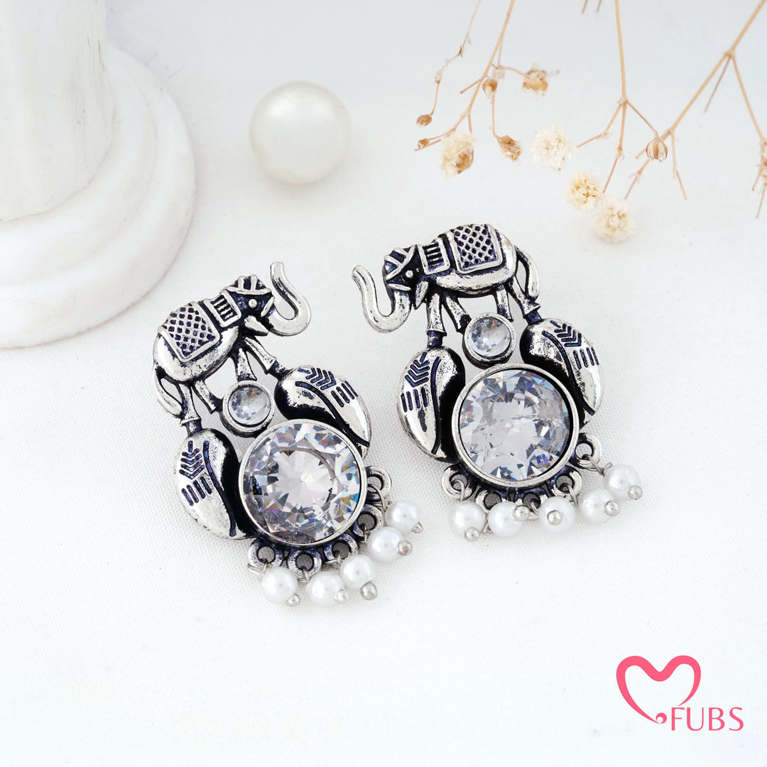 Elephant Charm Earrings with a Pearl Fringe