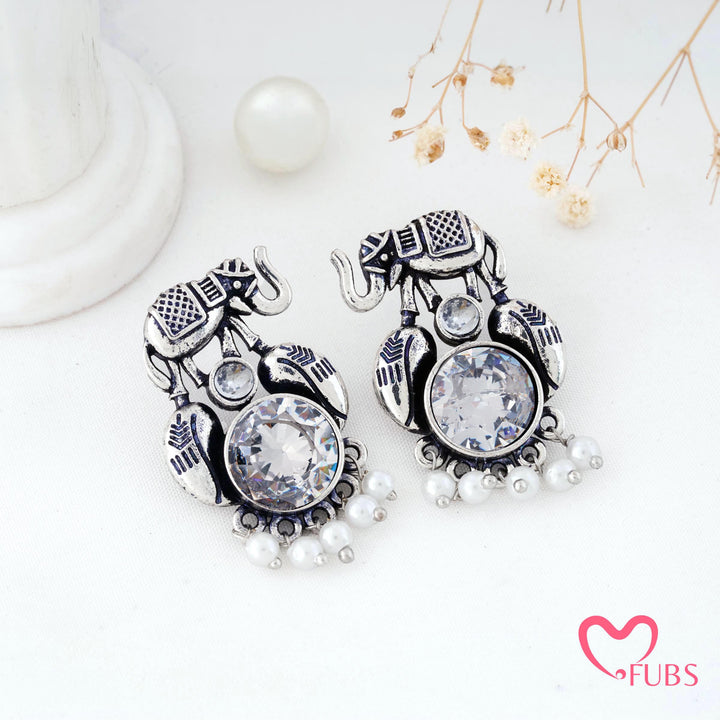 Elephant Charm Earrings with a Pearl Fringe