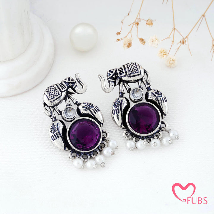 Elephant Charm Earrings with a Pearl Fringe