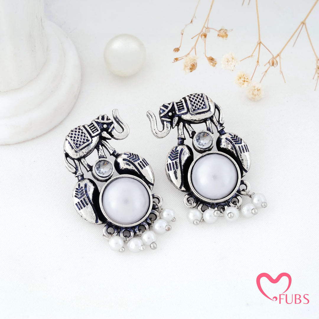 Elephant Charm Earrings with a Pearl Fringe
