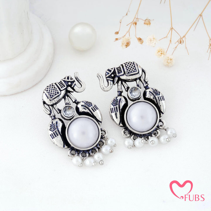 Elephant Charm Earrings with a Pearl Fringe