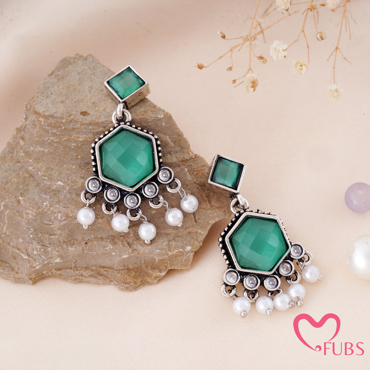 Cut Stone Drop Earrings with a Pearl Trail