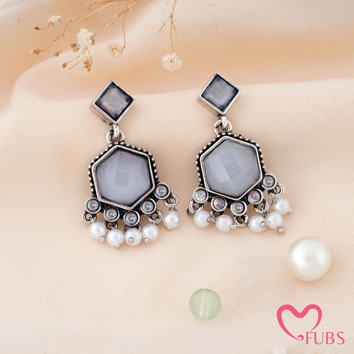 Cut Stone Drop Earrings with a Pearl Trail