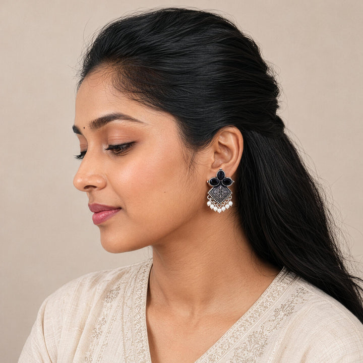 Carved Square Earrings Topped with Dangling Pearls Below